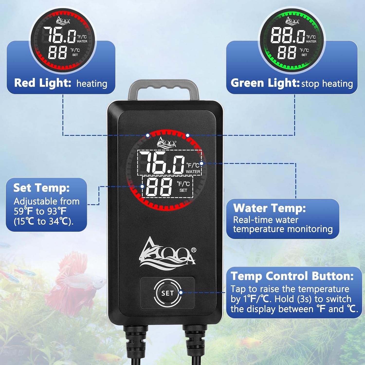 AQQA 1000W Aquarium Heater, Fish Tank Heater with Digital Thermostat, Over-Temperature and Dry-Run Protection, for Over 150 Gallon Freshwater, Saltwater, Turtle Betta Fish Tank Aquarium - Image 4