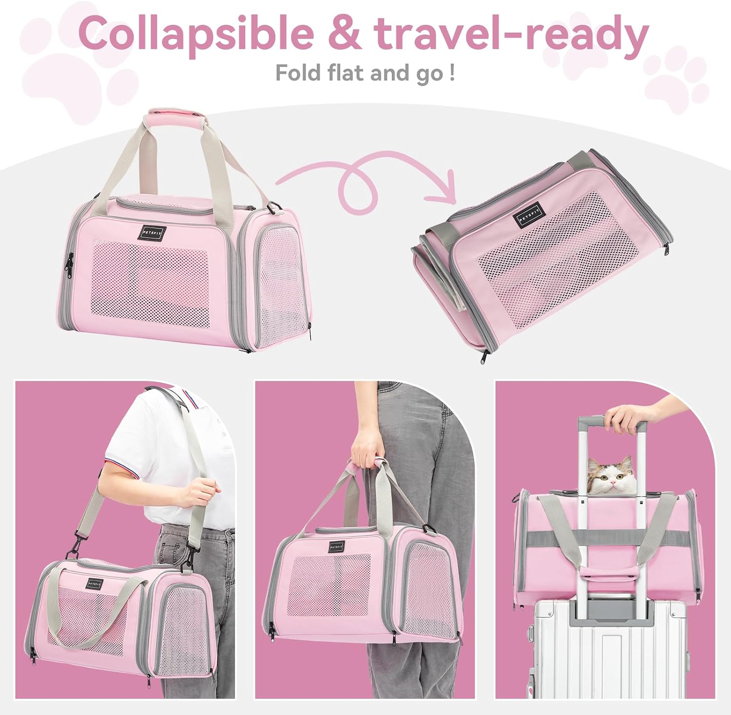 Petsfit Cat Carrier, 17.5×10.5×10.5 in, Pink | Escape-Proof Design with Locking Zippers & Safety Leash, Easy-Access 3-Way Entry, Washable Mat up to 12 lb - Image 8