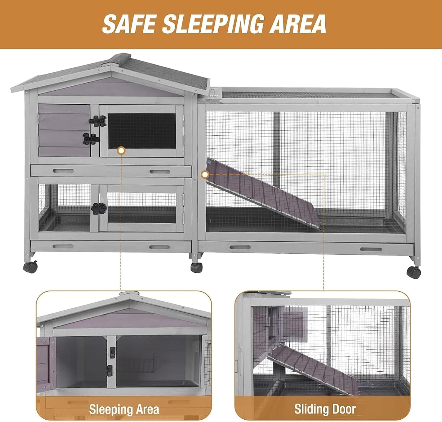 Bunny Cage Indoor and Outdoor Rabbit Hutch with Casters Waterproof Roof, Pull Out Tray from Back and Front 61.2" L x 22.6" W x 33.5" H - Image 4