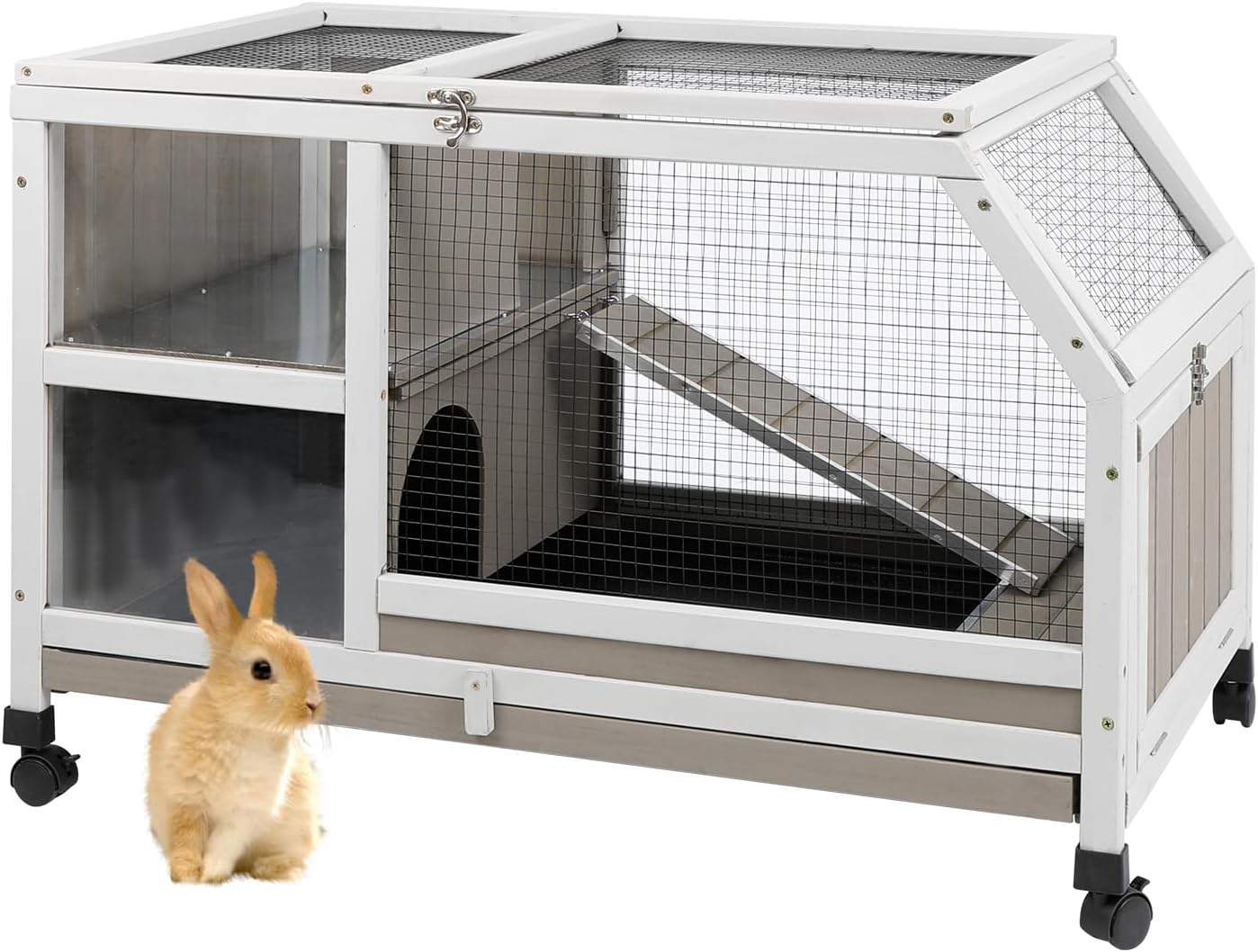 36''L Rabbit Hutch Outdoor with Casters and Run, Wooden Indoor 2 Story Guinea Pig Cage with Divider Panel, Pull Out Tray, Rabbit Duck Bunny House for Small to Medium Animals and Pet Lover, Gray - Image 8