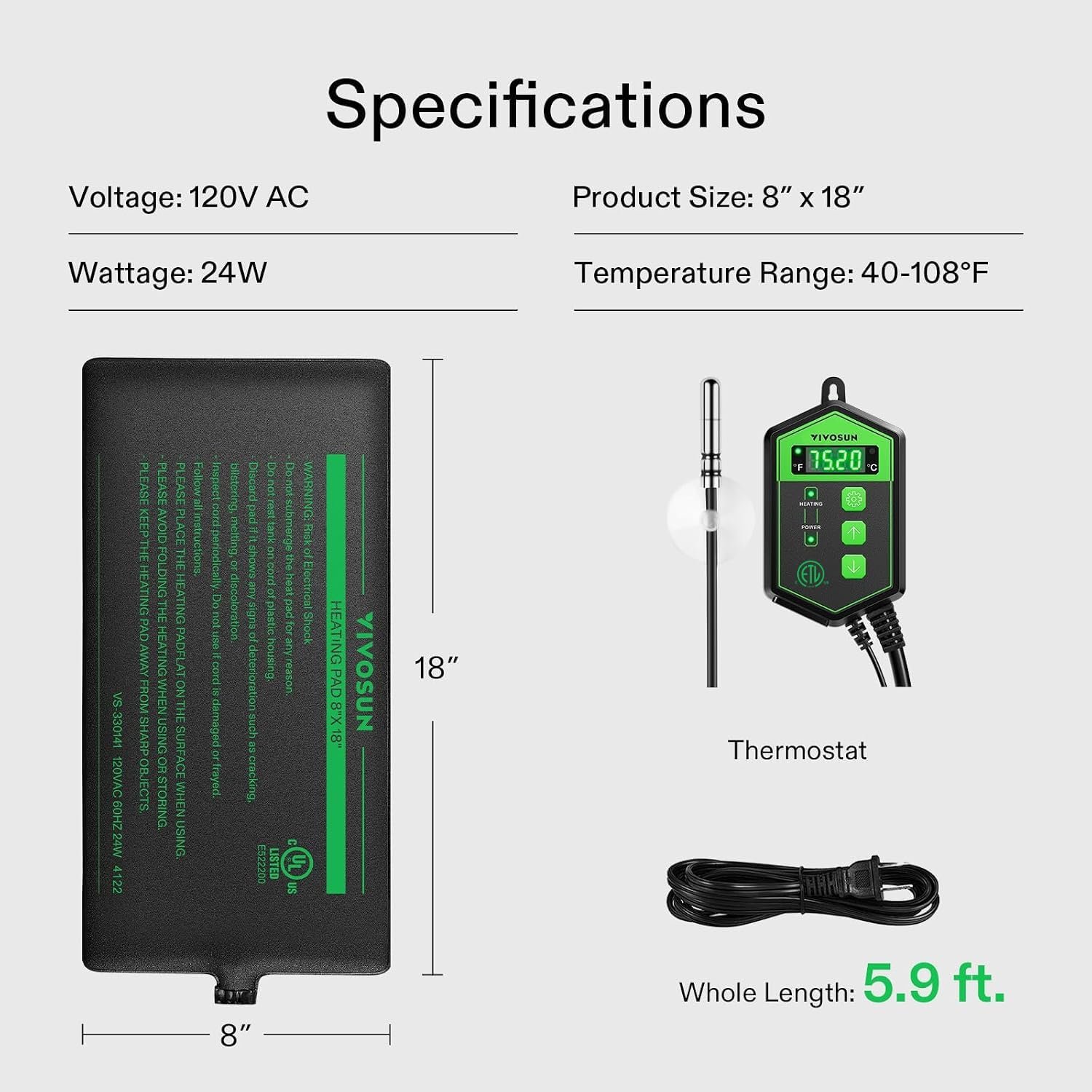 VIVOSUN Reptile Heating Pad 8x18 Inch with Thermostat Combo | Under Tank Terrarium Heating Mat for Turtles, Lizards, Frogs, and Other Reptiles - Image 3