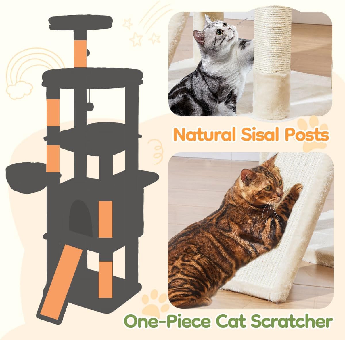 Taoqimiao 72 Inches Cat Tree for Large Cats, Multi-Level Tall Cat Tower, Widened Cat Condo with Large Scratch Board, 5 Scratching Posts, Metal Hammcock, Cozy Basket, Beige, MS045M - Image 6