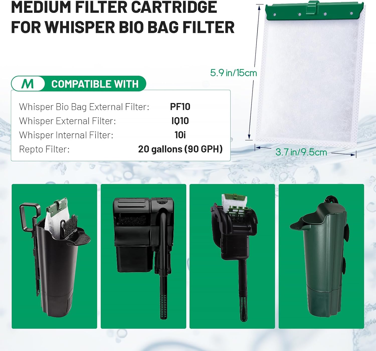 16 Count Medium Filter Cartridges Compatible with Whisper Bio Bag Filters, Large Aquarium Filter Cartridge for Whisper 10i/IQ10/PF10 and Repto Filter 90 GPH - Image 2