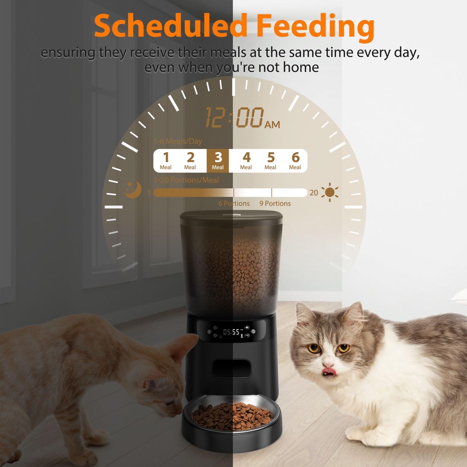 Automatic Cat Feeder, Cat Food Dispenser with Stainless Steel Bowl, Timed Portion Control 20 Portions 6 Meals Per Day, Voice Recorder, Dual Power Supply for Small Dogs - Image 2