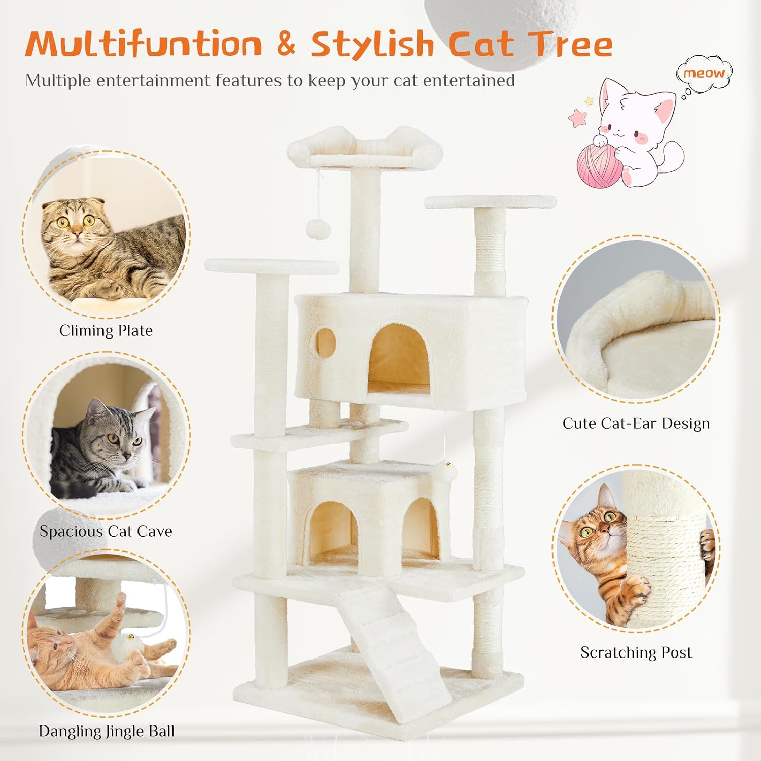 Sweetcrispy 54 Inch Cats Tree Tower, Multi-Level with Scratching Post, Indoor Cat Tree Condo with Climbing Ladder, Plush Toy, Play House for Kittens, Beige - Image 4