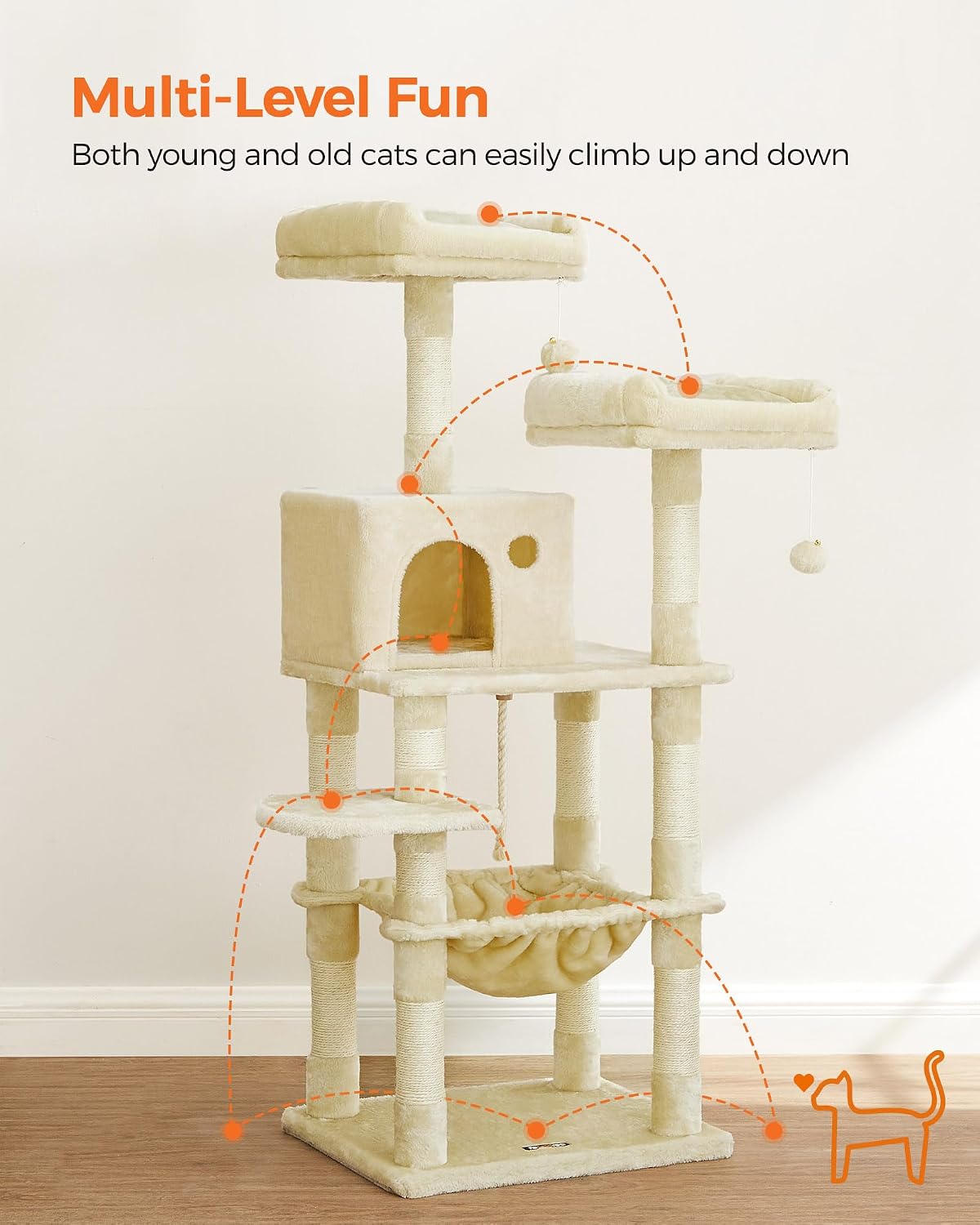 Feandrea Cat Tree, 55.8-Inch Cat Tower, Multi-Level Plush Condo with 11 Scratching Posts, 2 Perches, Hammock, Cave, Beige UPCT15BE - Image 3