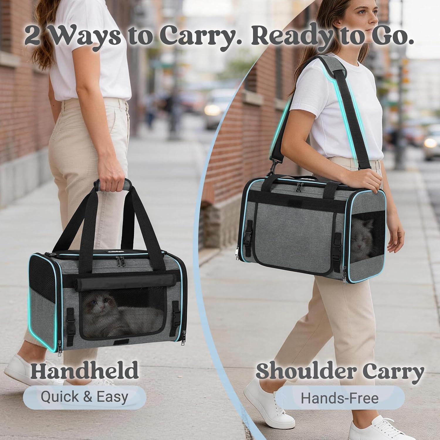 rabbitgoo Cat Carrier Soft with Rollable Flap, Travel Safe for Car Airline | Comfortable for Anxious Kittens, Collapsible Portable Carrying Bag, Small Medium Cats, Escape Proof, Grey, 17"Lx11"Wx11"H - Image 6