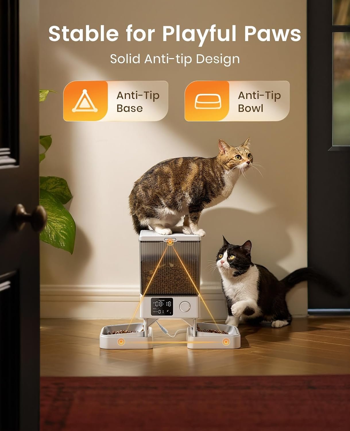oneisall Automatic Cat Feeder for 2 Cats Pets, Timed Cat Food Dispenser | 20 Cups/5L, Prevent Fighting, Precise Portion, Balanced Dispense, Non-Slip & Stable, Voice Recorder, Stainless Steel Bowls - Image 5