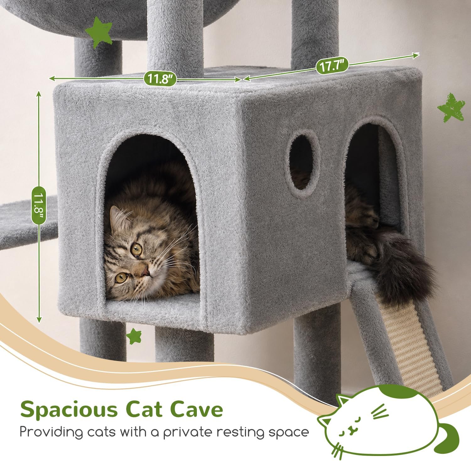 Globlazer Heavy Duty Cat Tree, 70 inch Sturdy Cat Tree for Indoor Cats Extra Large Cat Tower with Scratching Post, Hammock, Cat Condo for Adult Cats Kittens, F70 Pro, Light Grey - Image 4