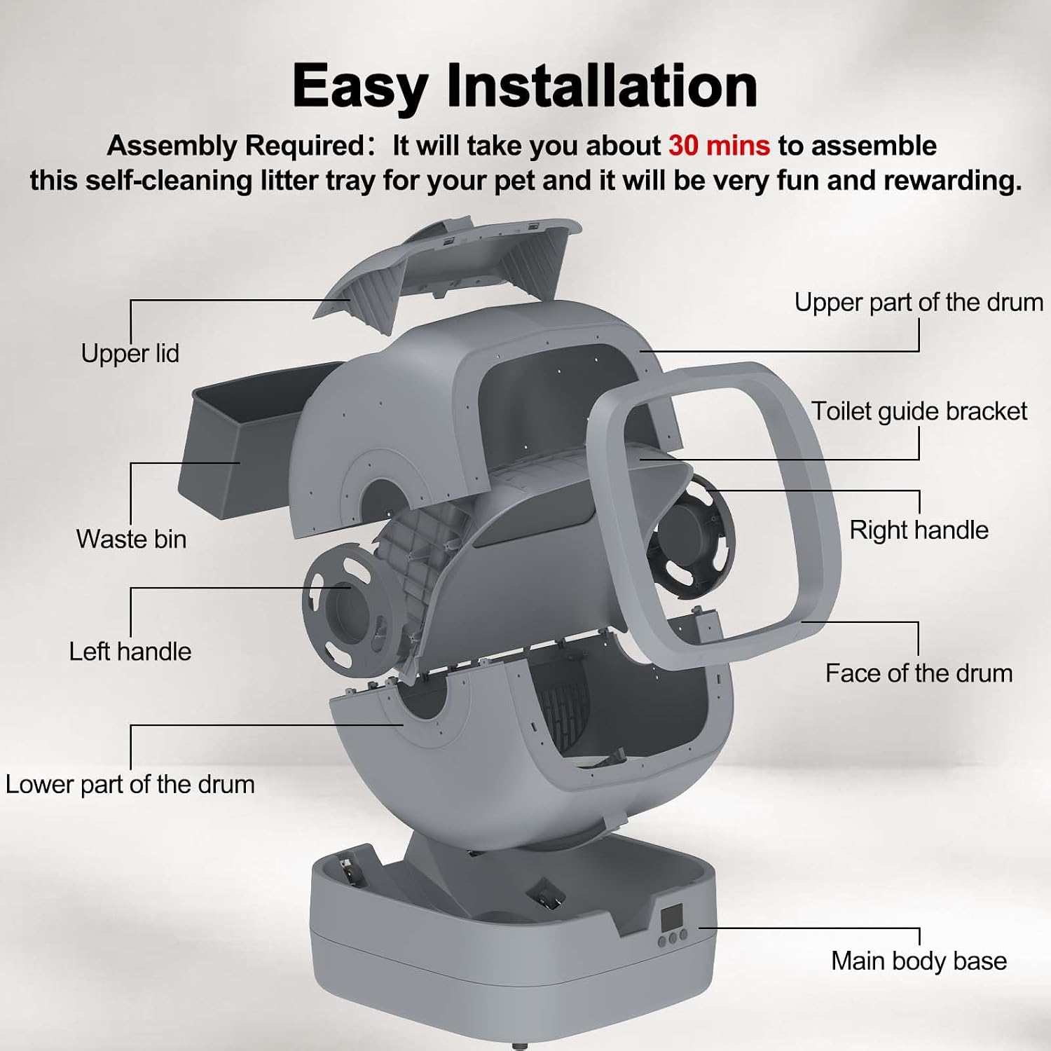 UPFAS Automatic Cat Litter Box Self Cleaning - APP Control - Weight Monitoring - Ultra-Quiet, Medium Cats and Kittens Litter Box, Safe Anti-Pinch【Assembly Required】- Grey - Image 7