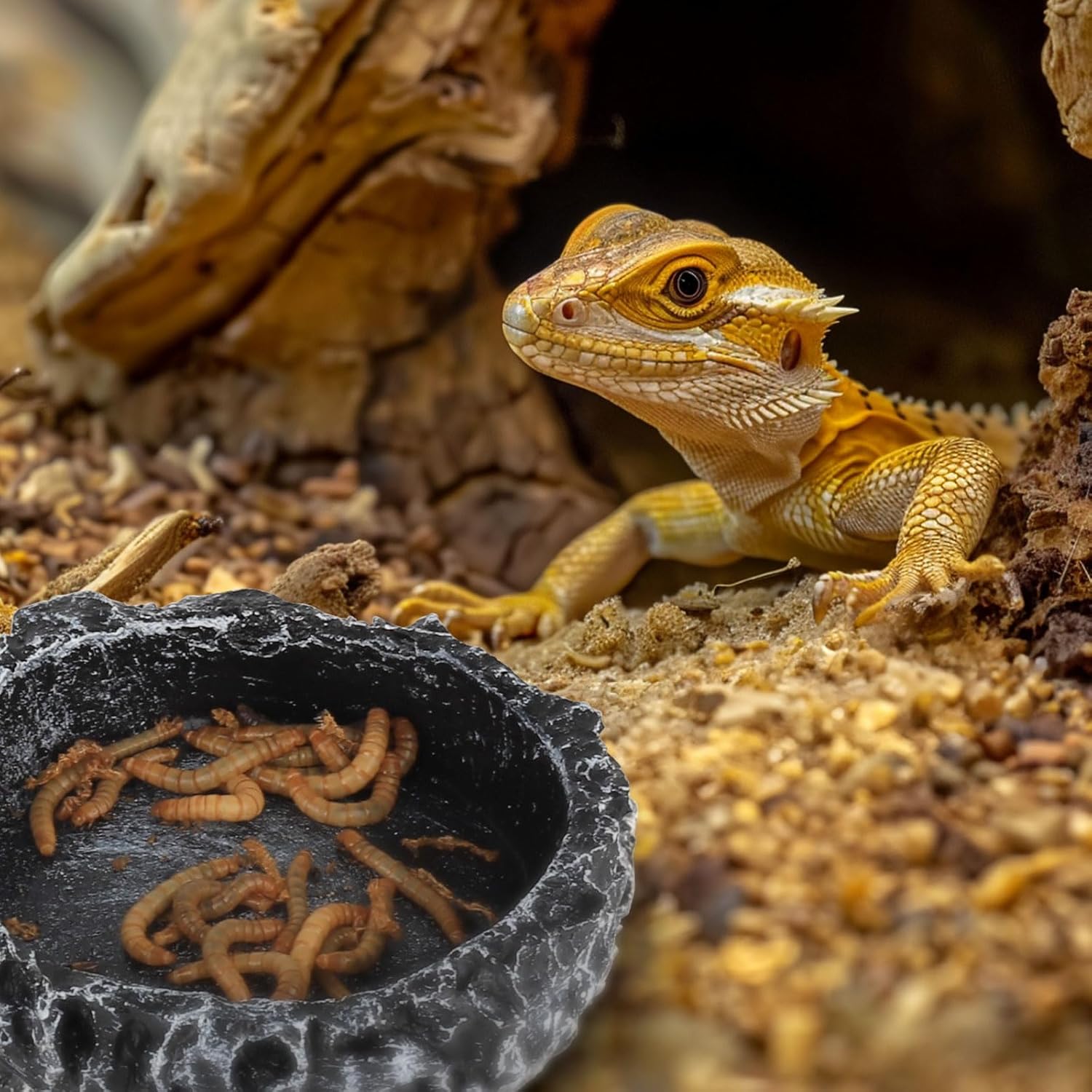 Reptile Water Dish Food Bowl for Bearded Dragon Tank Accessories, Reptile Rock Feeder for Tank 2 Pack Corner Resin Terrarium Bowl for Leopard Gecko Hermit Crab Tortoise Snake, Black - Image 3
