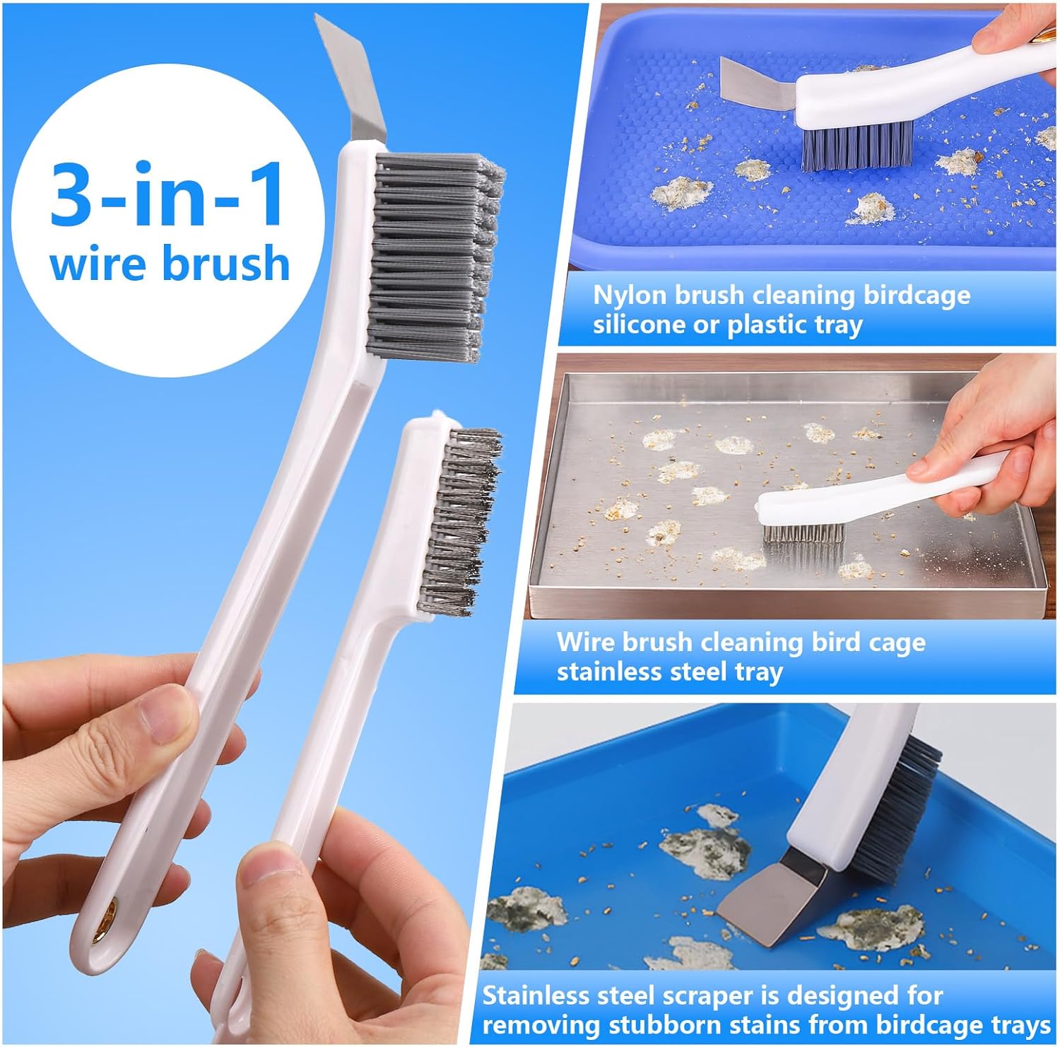 XANGNIER Bird Cage Cleaner Brush Kit,Bird Poop Remover Cleaning Tools Set Accessories for Small,Medium,Large,Tall,Stainless Steel,Parakeet,Budgie,African Grey Parrot,Cockatoo Birds Cage Accessories - Image 4