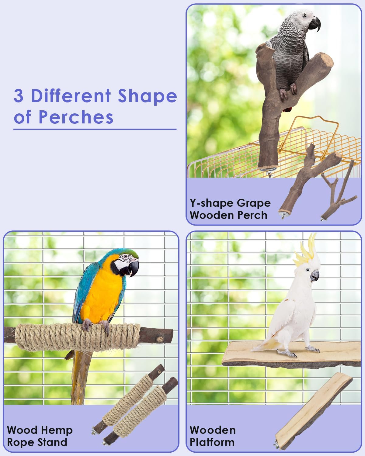 Bissap 5PCS Large Bird Perch Stand, Natural Wood Pole Standing Paw Grinding Fork Parrot Cage Branch with Rope for Macaw African Grey Amazon Pet Medium Large Birds Cage Accessories - Image 4