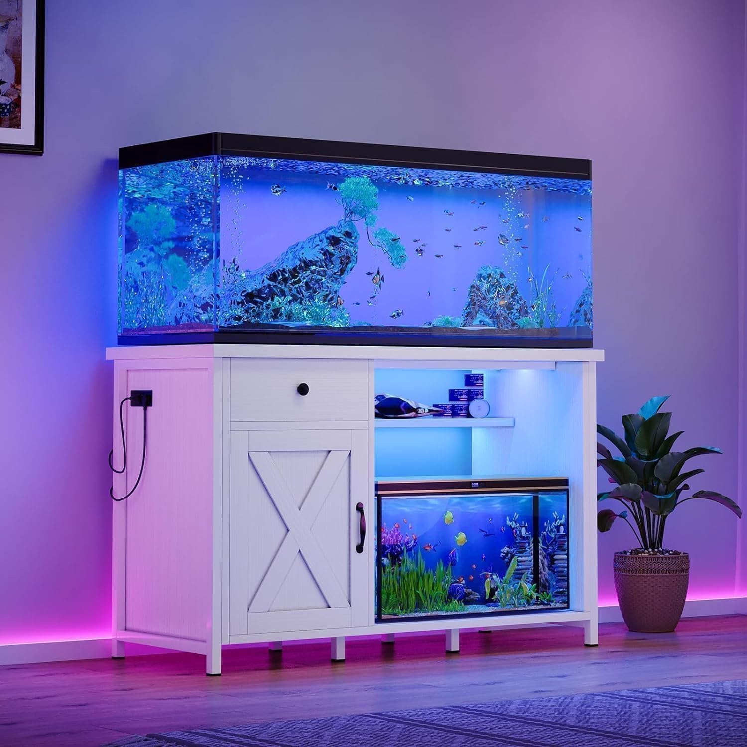 55-75 Gallon Fish Tank Stand, Aquarium Stand with LED Light, White | 49.2 x 19.7 In Top, Farmhouse Turtle Tank Stand, 2 Outlets, 2 USB Ports, Shelf Storage, Metal Frame Support, 1100 LBS - Image 7