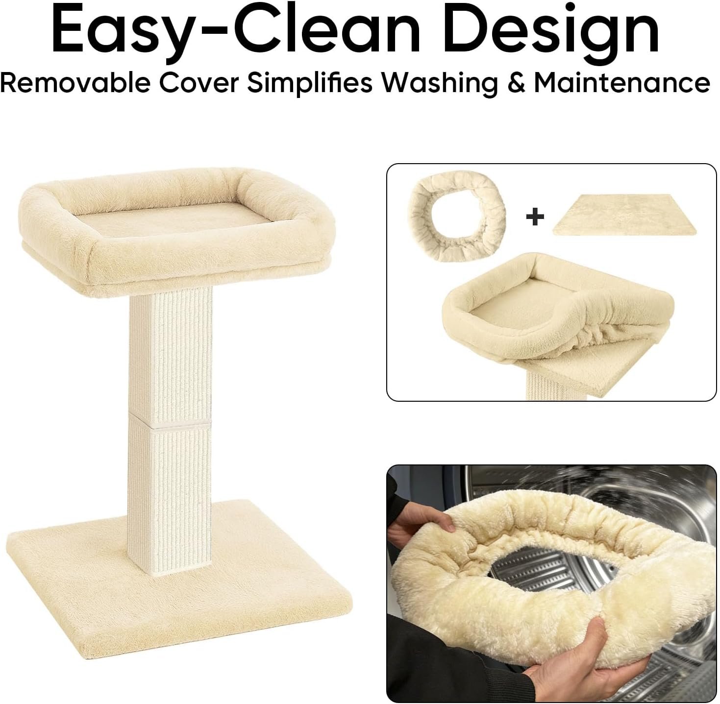 Cat Scratching Post with Plush Perch for Indoor Cats, 32 Inch, Beige | Removable & Washable Cover, Sisal Scratch Post With a Large Elevated Bed, Heavy Duty Post for Cat Adults to Protect Furniture - Image 5