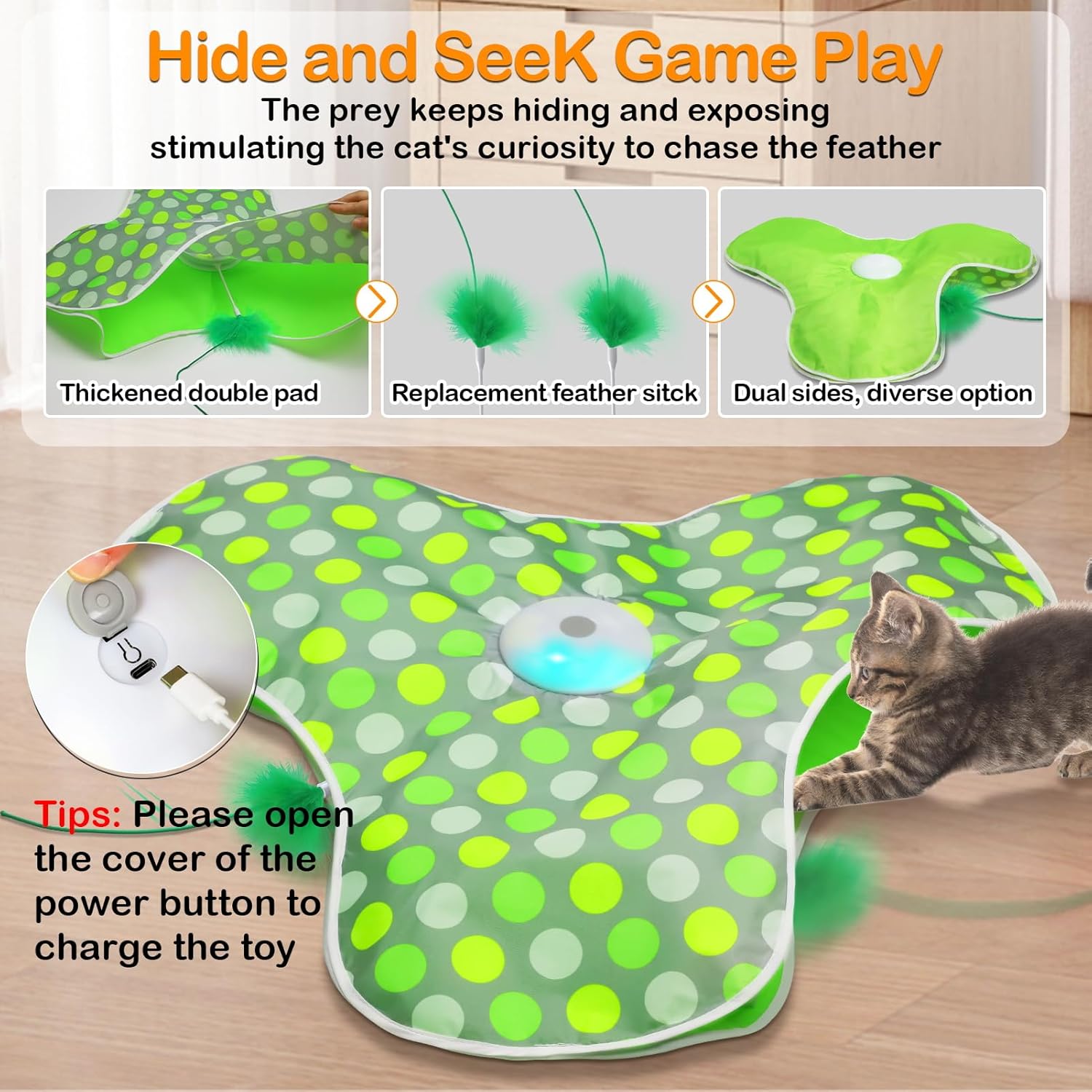 umosis Interactive Cat Toys Rechargeable,Moving Concealed Feathers,Real Mouse Squeaky,Touch Activated Cat Kitten Toy Exercise Toys for Indoor Bored Adult Cats - Image 2