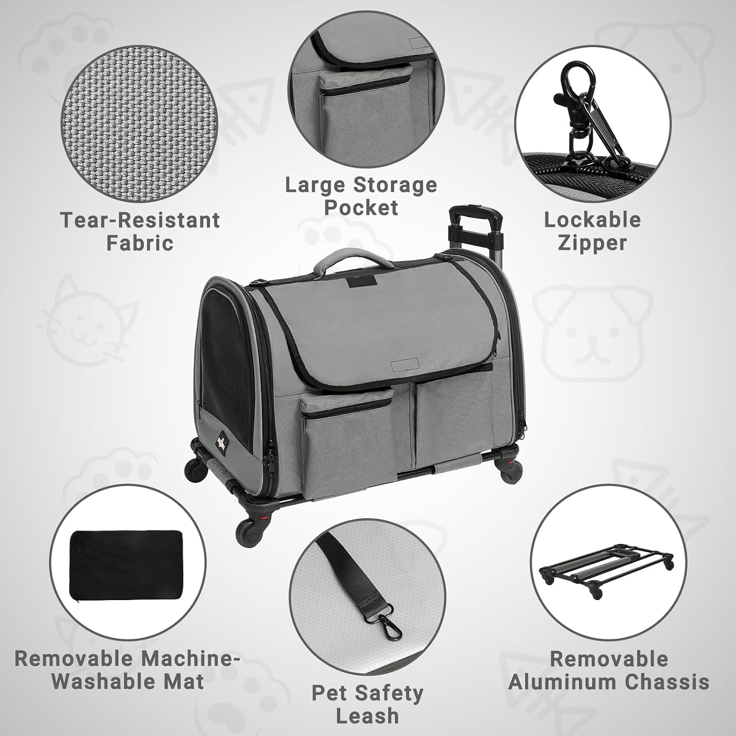Large Pet Carrier with Wheels, Foldable Rolling Dog Carrier with Big Pocket, Cat Rolling Bag 21"x13"x13" for 2 Cats &Dogs, for Travel, Outdoor, Vet Visits, Camping, Indoor. Gray. (Not for Airline) - Image 3