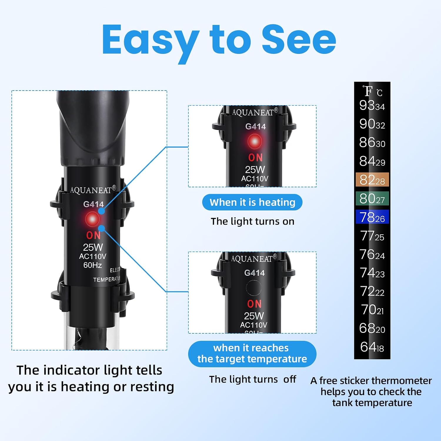 AQUANEAT Aquarium Heater, 25W Fish Tank Heater, Adjustable Submersible Water Thermostat with Thermometer - Image 7
