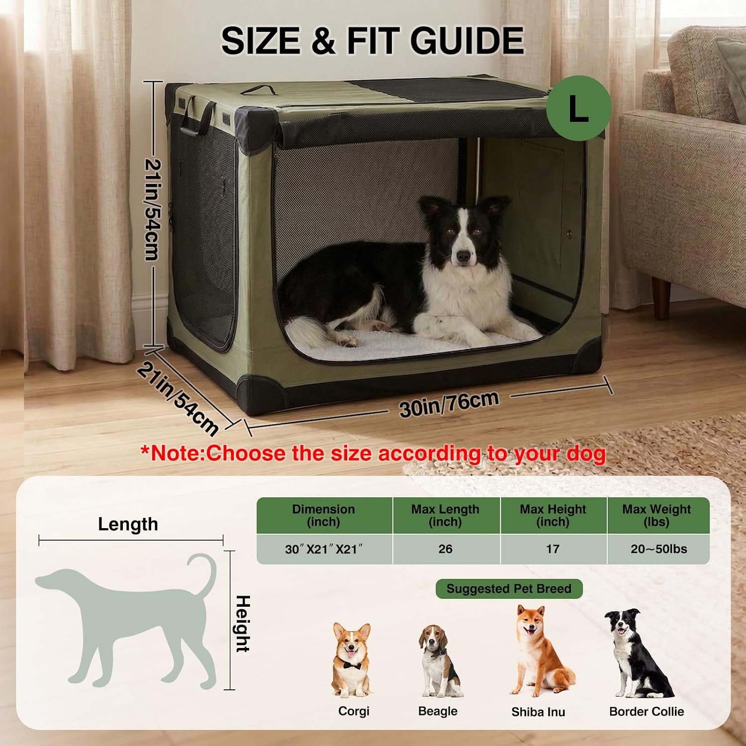 30 x 21 x 21 Inch Collapsible Soft Dog Crate for Dogs Up to 50 lbs, Portable Travel Pet Kennel with 4 Zip Doors, Foldable Indoor Outdoor Crate with Mat, Carry Bag, Green - Image 2