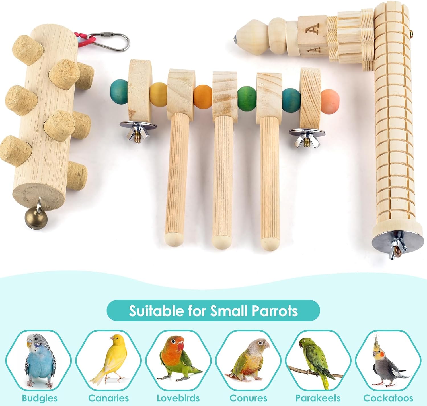 DBNESS 3pcs Natural Wood Bird Perch Toys, Rotating Perch Stand, L-Shaped Perches with Chew Block, Hanging Cork Stopper Toy, Birdcage Accessories for Small Medium Parrots Cockatiels Quaker Caique - Image 6