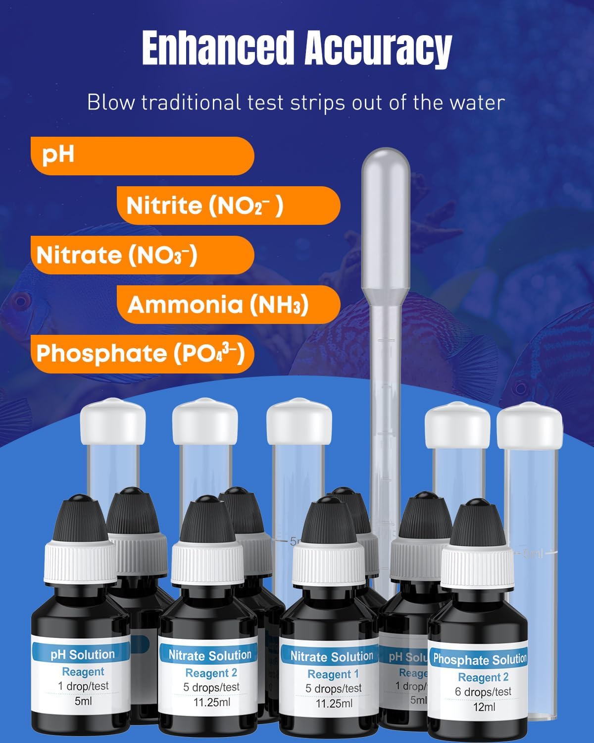 Pawfly 5 in 1 Aquarium Water Master Test Kit, Aquarium Water Test Kit Fish Tank Water Testing Kit for pH Nitrite Nitrate Ammonia & Phosphate, Aquarium Test Kit for Freshwater & Saltwater Fish Tanks - Image 4