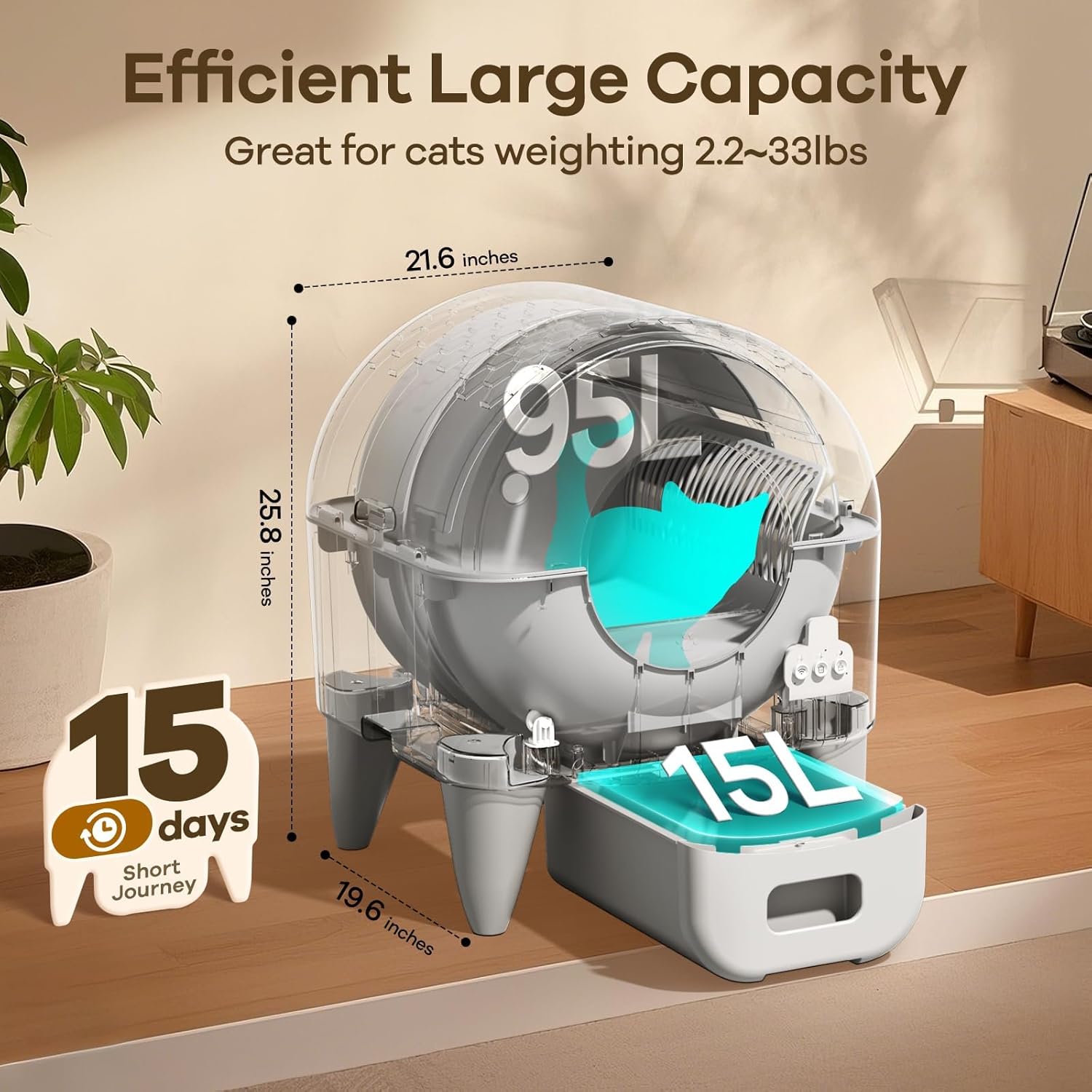 Fumoi Automatic Cat Litter Box Self Cleaning Litter Box Large Capacity for Multiple Cats, App Control with Safety Sensors, Removable Washable Liner,2 Rolls Garbage Bags,Grey - Image 2