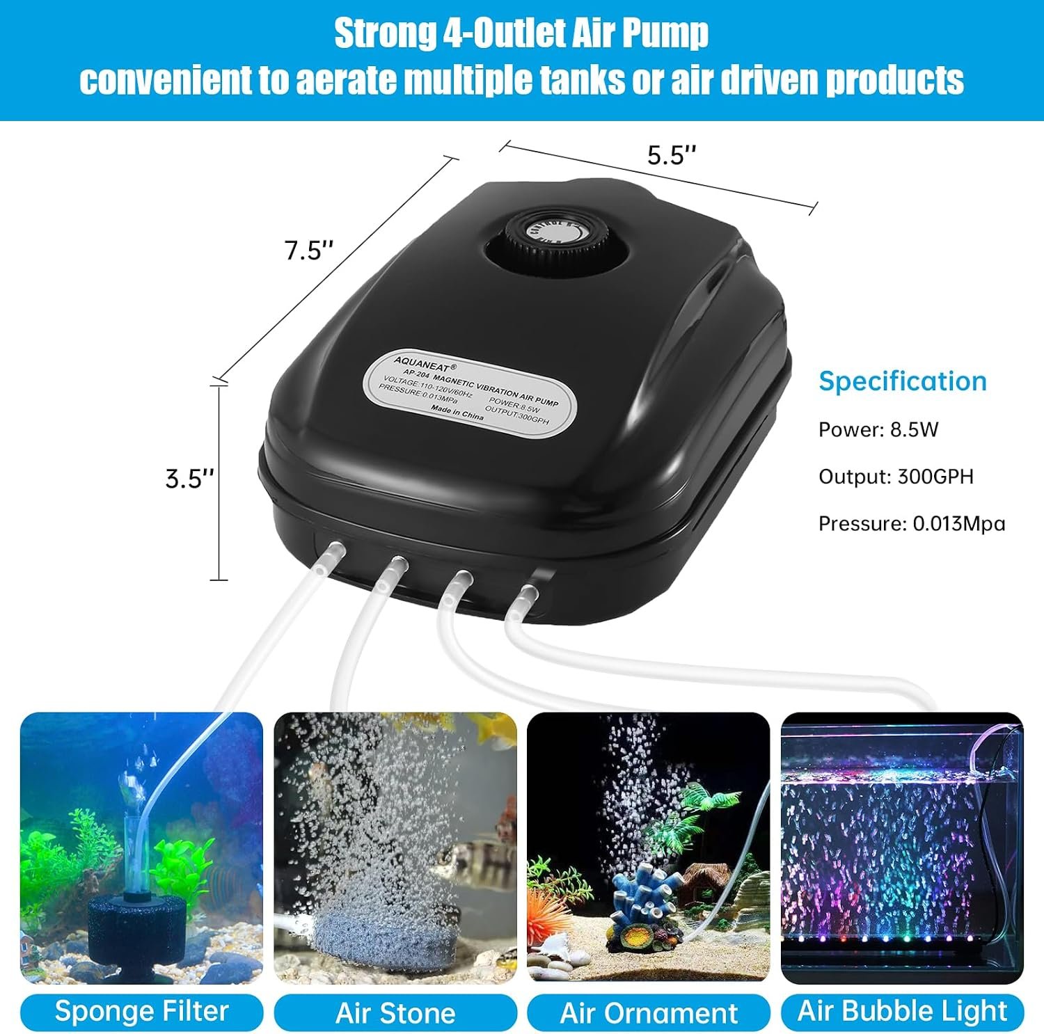 AQUANEAT Aquarium Air Pump 300GPH, for up to 200 Gallon Fish Tank, Powerful Hydroponic Aerator Pump with Tubing, Air Stones, Valves - Image 2