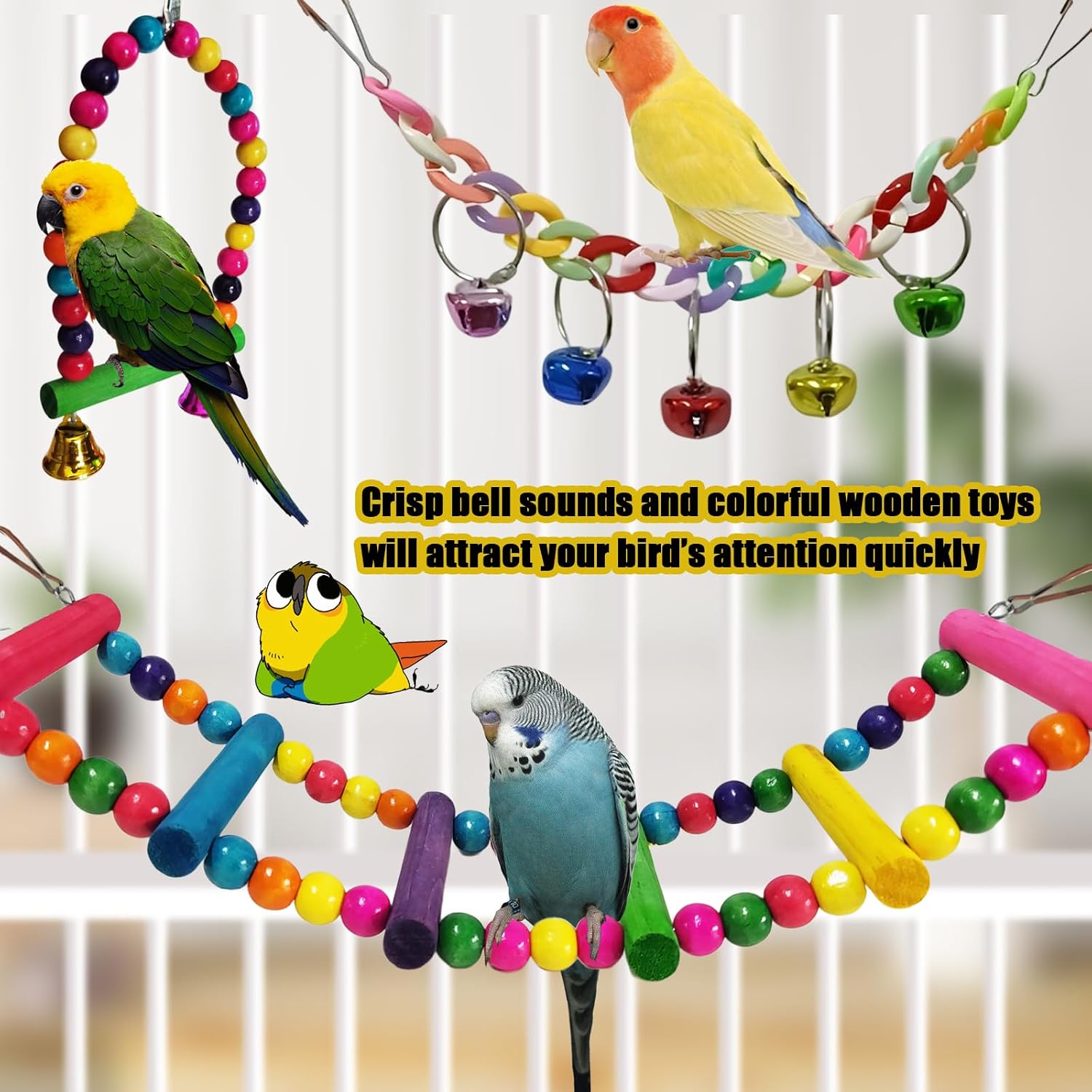Parakeet Toys,7 Pcs Colorful Bird Toys for Parakeets,Pet Bird Cage Hammock Swing Climbing Ladders Chewing Toy Mirror Hanging Bell Wooden Perch for Budgerigar,Conures, Love Birds,etc - Image 7