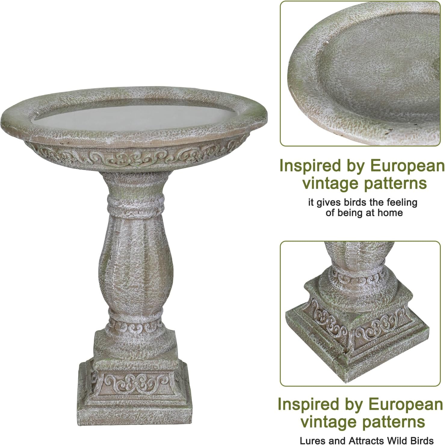 SKYFIRE 23.8" Tall Pedestal Bird Bath for Outdoor, Antique Weathered Concrete Birdbath with Decorative Carving, Durable Freestanding Fiber-Reinforced Cement Bird Bath for Garden, Patio, Lawn, Backyard - Image 4