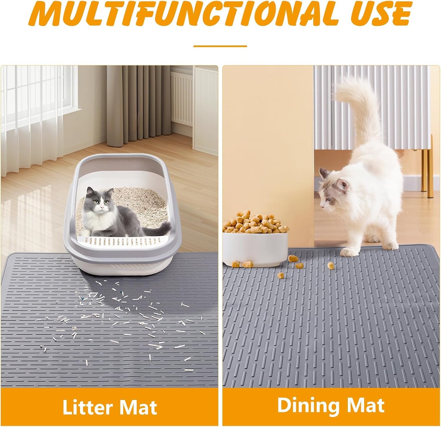 Silicone Cat Litter Mat, Waterproof, Raised Edge, 28 x 20 in, Gray | Quick-clean silicone, traps litter, leakproof floor protection, non-slip base, doubles as feeding mat - Image 7