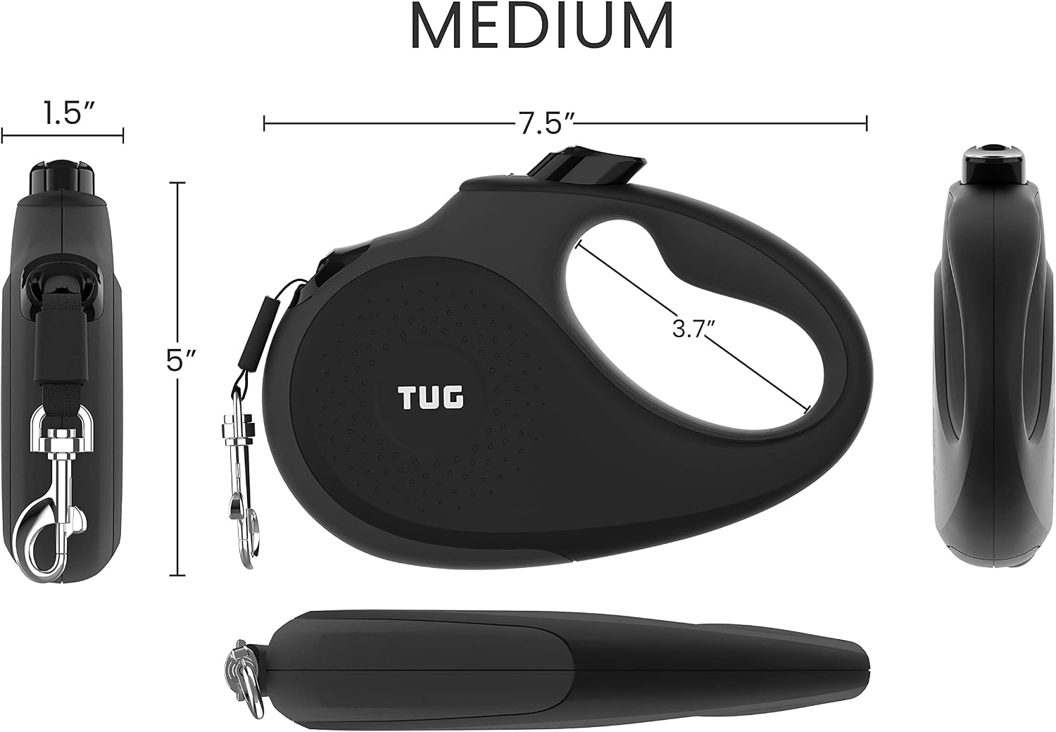 TUG 360° Tangle-Free Retractable Dog Leash with Anti-Slip Handle | 16 ft Strong Nylon Tape | One-Handed Brake, Pause, Lock (Medium, Black/Grey) - Image 2