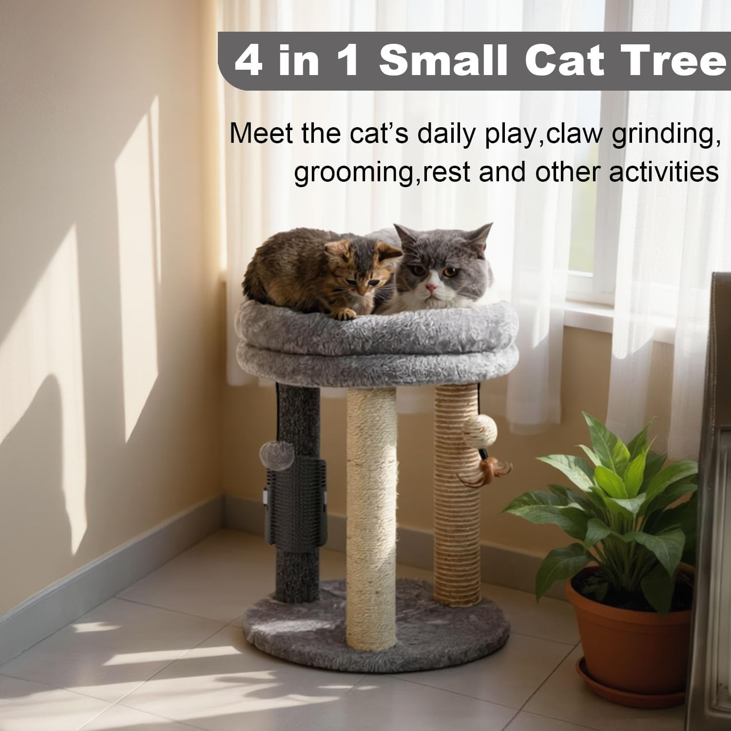 MECOOL 4in1 Small Cat Tree,Scratching Post with Tower Soft Bed, Sisal Carpet Jute Posts with Three Hanging Ball Toys and Massage Brush for Indoor Cats and Kittens - Image 2