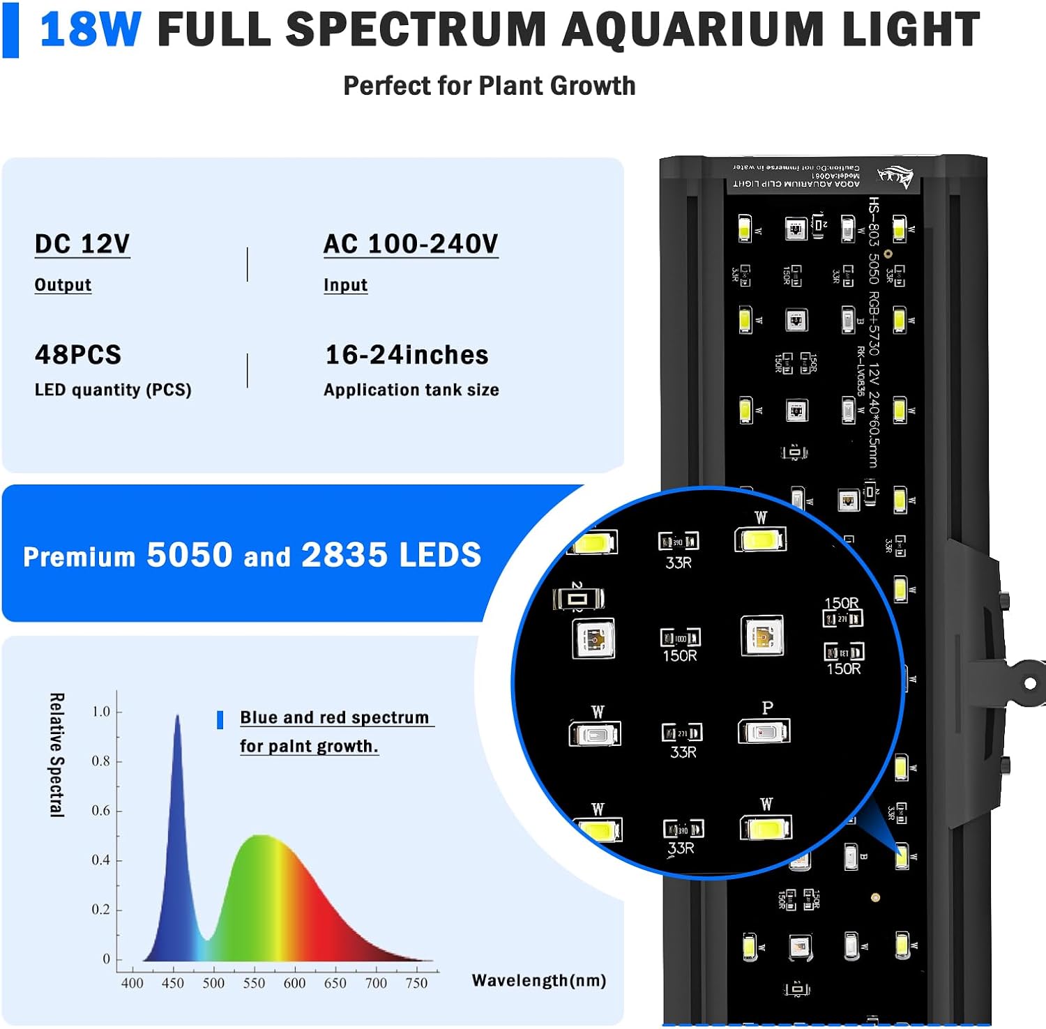 AQQA LED Aquarium Light, 24/7 Mode Clip on Fish Tank Light with Memory Function, DIY Mode Full Spectrum Aquarium Plant Light, Adjustable Timer/Brightness, IP68 Waterproof for 16-24 Inch Fish Tank 18W - Image 4