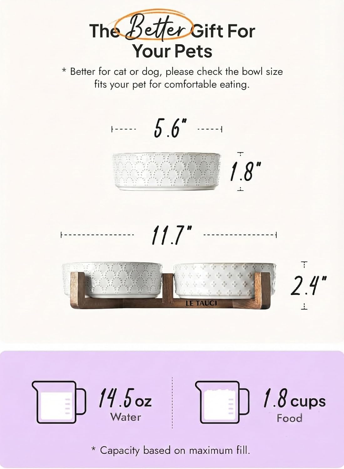 LE TAUCI Dog Bowl Set with Acacia Wood Stand - 1.5-Cup Ceramic Puppy Bowls for Small Dogs, Dual Food and Water Bowls with Weighted Non-Slip Base - Image 4