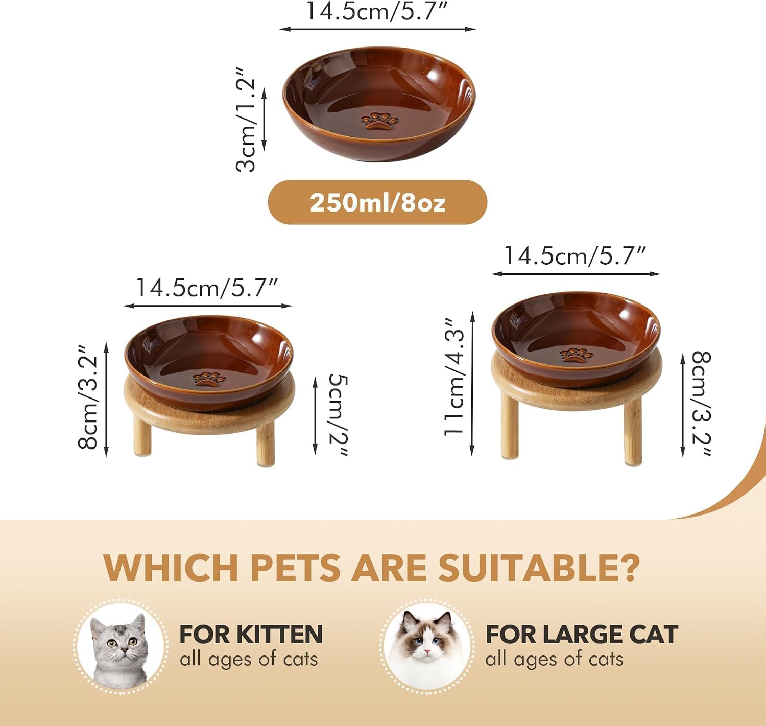 Havniva Elevated Cat Bowls Raised Ceramic Cat Bowl, 5.7” Wide Opening Cat Food Bowl Whisker Friendly Cat Dish Anti-Slip with Bamboo Stand, Shallow Pet Food & Water Bowl for Indoor Cats - Image 2