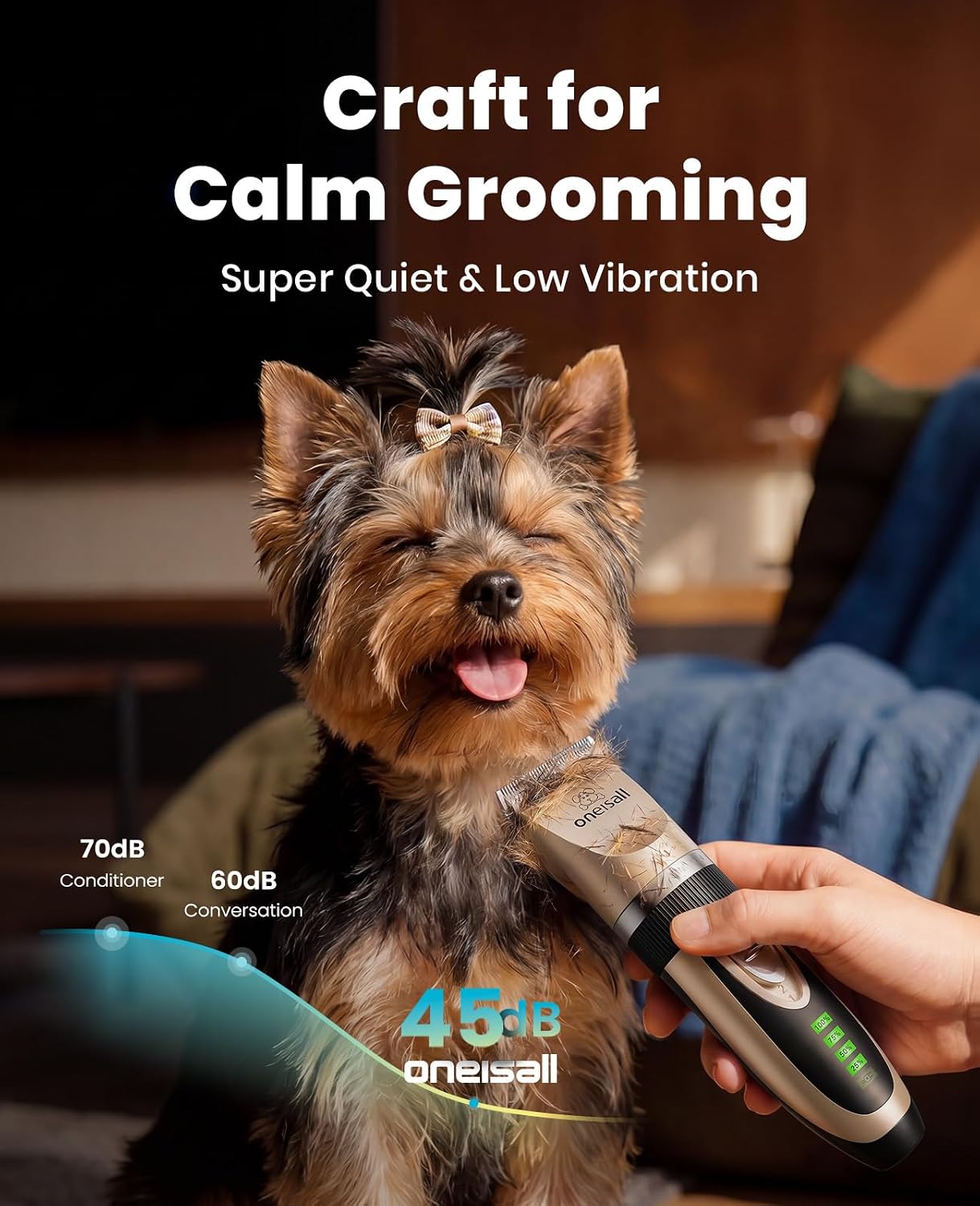 oneisall Dog Grooming Clippers with LED Display for Dogs & Cats | Low Noise Quiet,2-Speed,Cordless Rechargeable,Fast Charge,Detachable,Waterproof,Battery Level Display, Model X2,Gold - Image 2