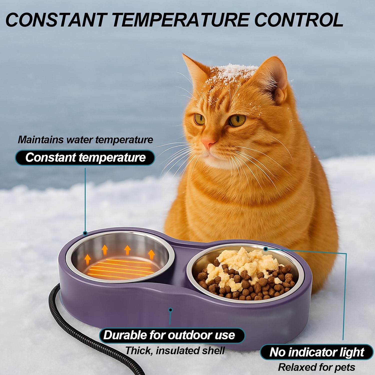 Pet Heated Bowl for Cat Dog, Freeze-Proof Warming Animal Food Feeder with Anti-Chew Cord,Waterproof & Thermostat Heating Bowls Removeable, (2 x 23 fl oz, Purple) - Image 2