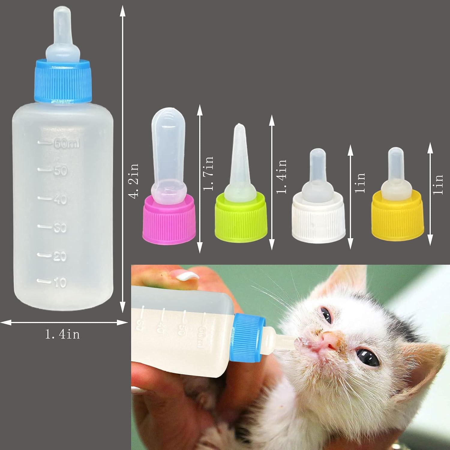 2 Sets of 5-Color Plastic and Silicone Feeding pet Supplies Set, Squeeze Liquid Bottles, Replaceable teats mini for Newborn Kittens, Puppies, Rabbits, Replacement Small Animals cat Bottle Tools - Image 2