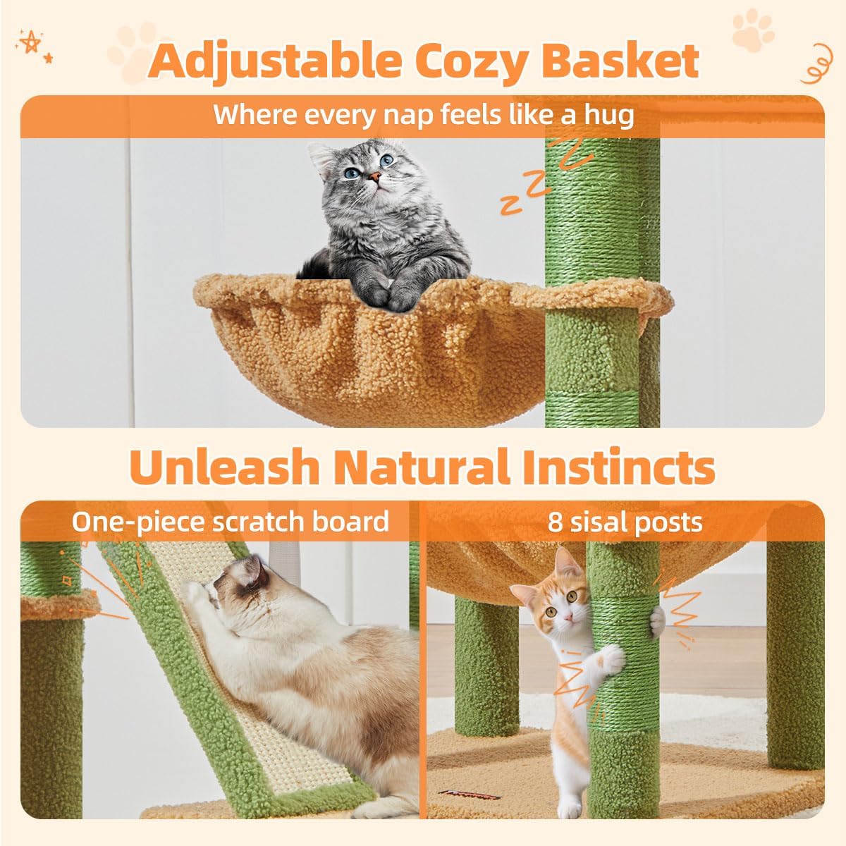 Taoqimiao Cactus Cat Tree, 58In Cat Tower for Indoor Cats Large Adult | Spacious Cat Condo, 2 Cute Perches, Metal Frame Cozy Hammock, Durable Scratch Board, 8 Natural Sisal Posts, Basket, MSC026 - Image 6