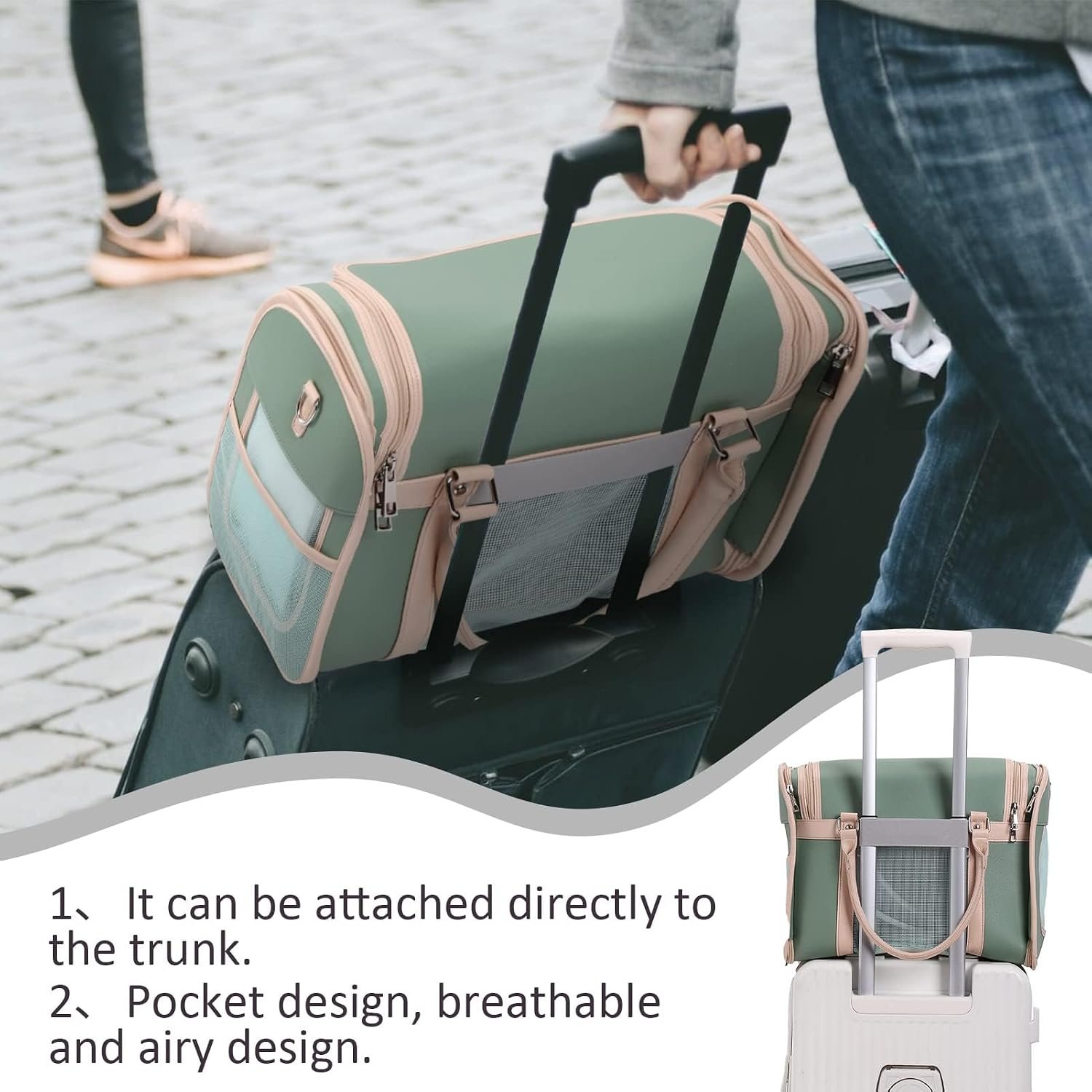 Luxury Mint Green PU Leather Pet Carrier Bag, Airline Compliant Portable Travel Crate with Breathable Mesh Panels & Shoulder Strap for Cats Small Dogs Travel & Vet Use - Image 5