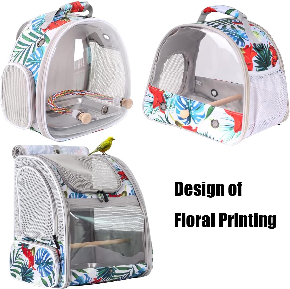 Portable Small Bird Travel Carrier Cage with Stand Perch, Bird Carrier to Carry Parakeet Budgies Parrot Cockatiel Conure Outdoor, Front Clear Window with Floral Printing - Image 6
