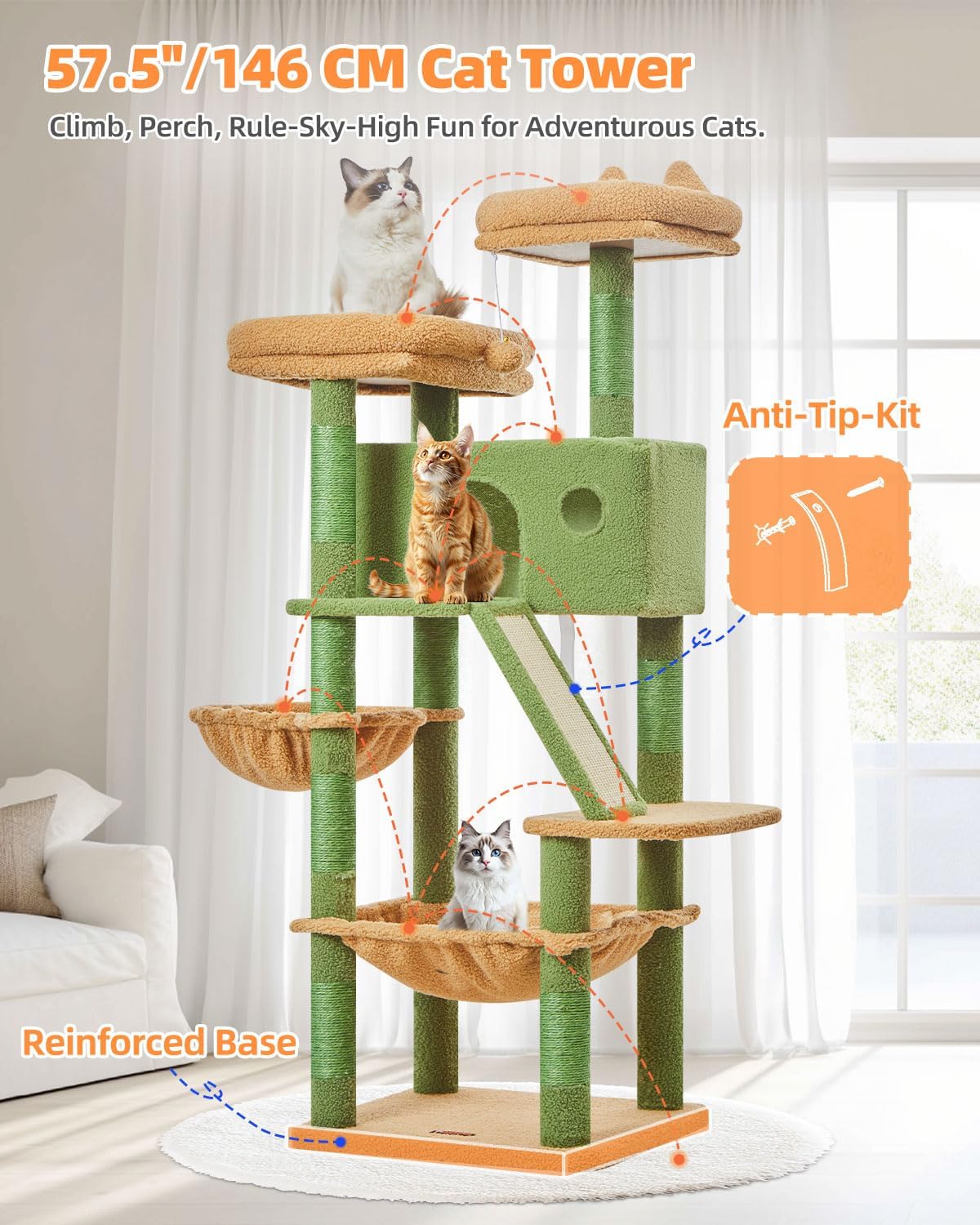Taoqimiao Cactus Cat Tree, 58In Cat Tower for Indoor Cats Large Adult | Spacious Cat Condo, 2 Cute Perches, Metal Frame Cozy Hammock, Durable Scratch Board, 8 Natural Sisal Posts, Basket, MSC026 - Image 3