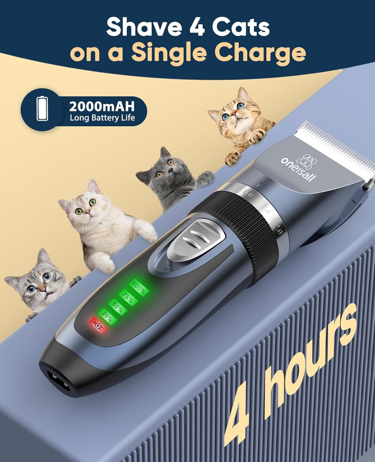 oneisall Quiet Cat Clippers for Matted & Long Hair 2-Speed Cat Grooming Kit | 240mins Long Battery Life, Adjustable Blade Length, 6 Guide Guards with Scissors and Steel Comb, for Cats Small Dogs Animals - Image 7
