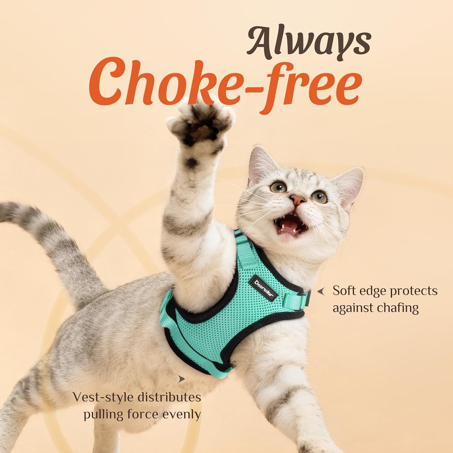 Dooradar Cat Harness and Leash Set, Adjustable and Escape Proof, Xs | Easy Fit, Snap Buckles, Soft Breathable Vest, Sturdy Clip, Reflective Strips, for Small & Average Cat Walks, Green - Image 2
