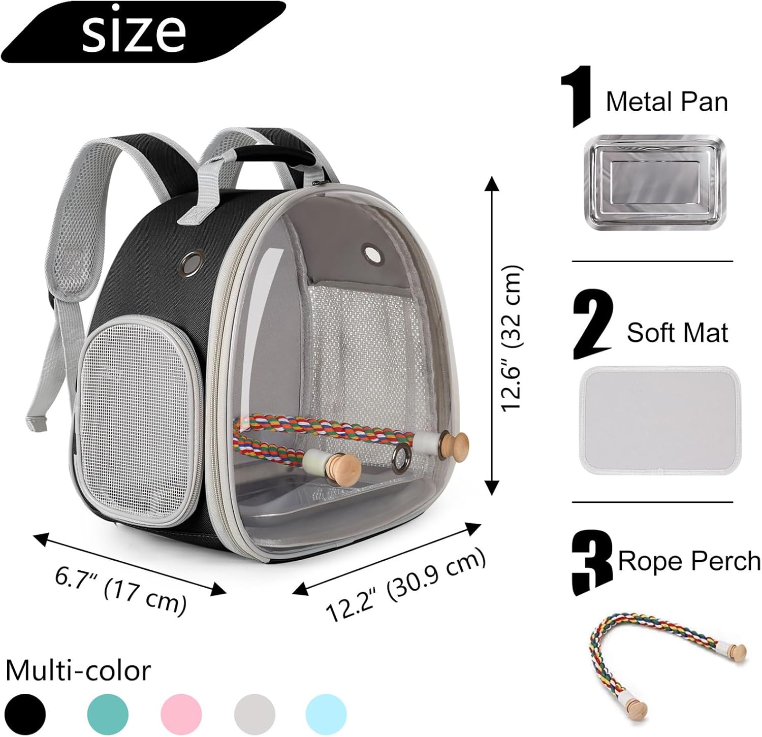 Small Bird Travel Backpack Carrier Cage, Backpack to Transport Backpack Carrier with Metal Tray Stand Perch for Parakeet Cockatiel Budgies Vet Carry Book Bag Black - Image 2