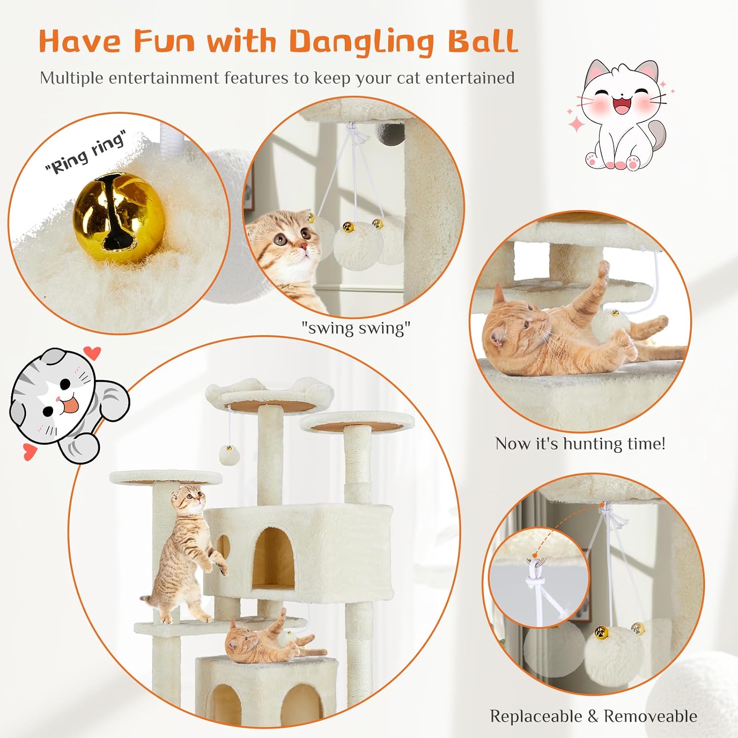 Sweetcrispy 54 Inch Cats Tree Tower, Multi-Level with Scratching Post, Indoor Cat Tree Condo with Climbing Ladder, Plush Toy, Play House for Kittens, Beige - Image 2