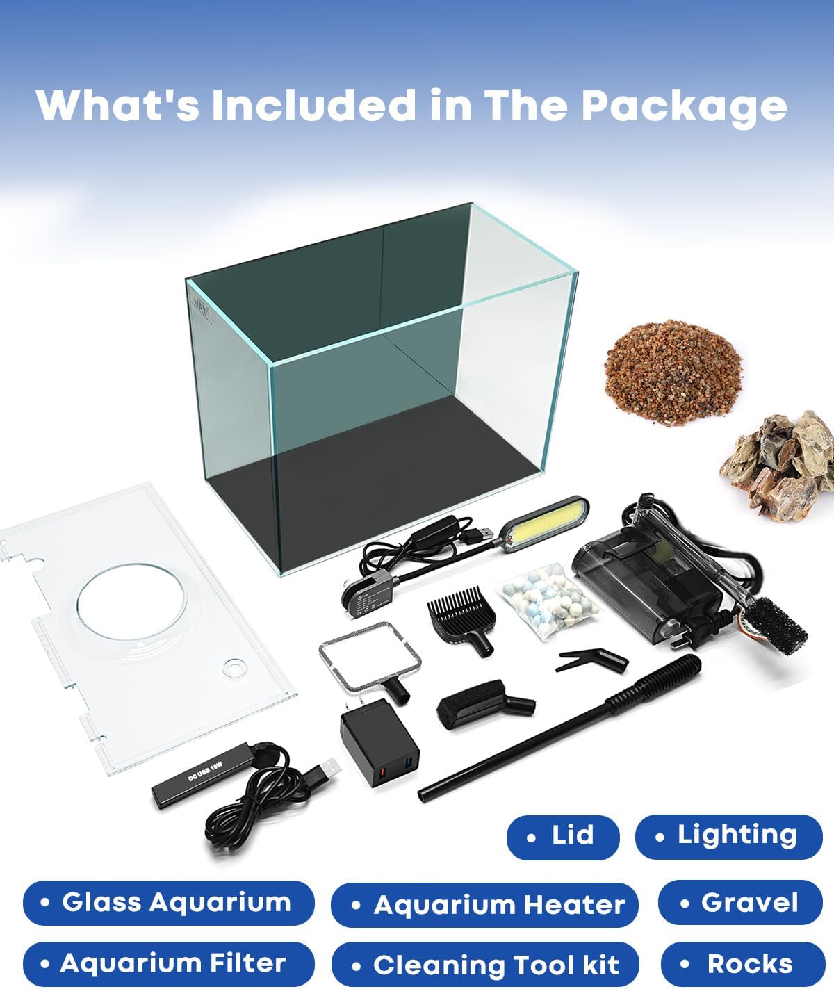 3 Gallon Aquarium Set Small Fish Tank Glass, Starter Kit with Heater Water Pump Cleaning Filter Bright Light Rocks Gravel Cleaning Tool, Leak-Proof Clear Rimless Desktop Spaces Saving Betta Fish - Image 6