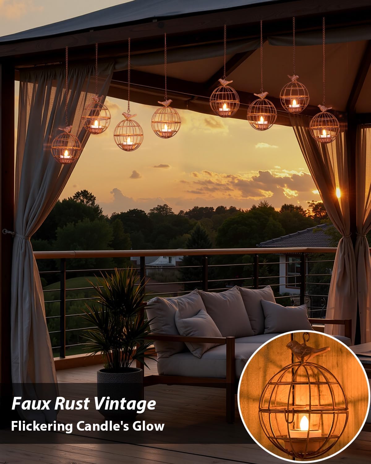 Outdoor Solar Hanging Lantern Lights, 4 Pack Rustic Ball Birdcage Hanging Candle Holder with Solar Tea Lights, Outdoor Waterproof Decorations for Patio, Backyard, Pergola, Tree Decor (Dark Orange) - Image 4