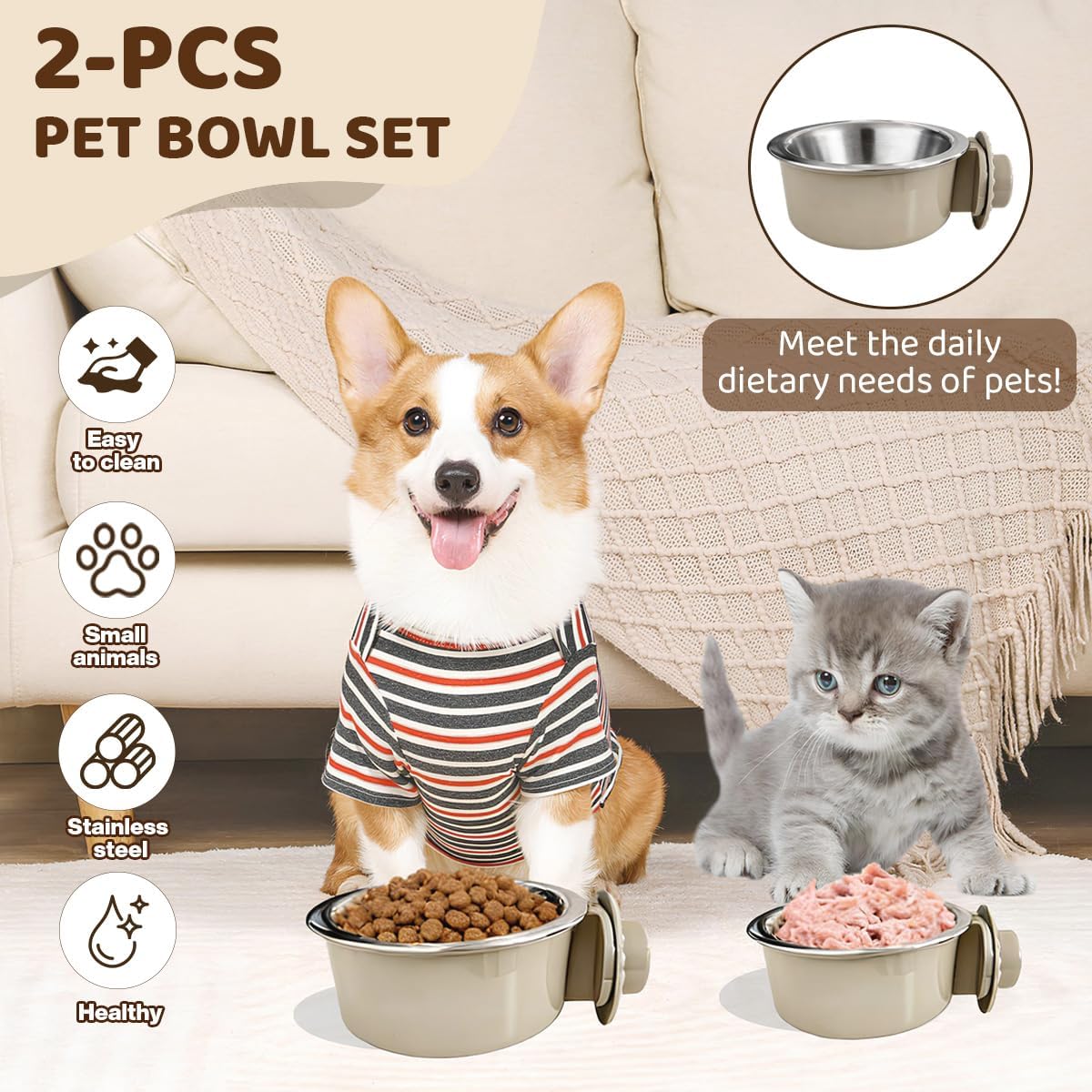 2Pcs Pets Lightweight Stainless Steel Bowl,Removable Stainless Steel Pet Hanging Food Water Feeder Bowl for Puppy Dog Cat Rabbit Ferret Bird Gunea Pigs (Small) - Image 6