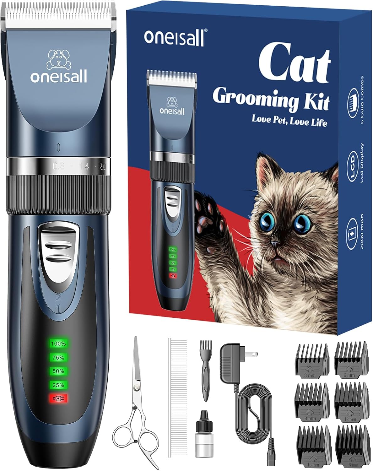 oneisall Quiet Cat Clippers for Matted & Long Hair 2-Speed Cat Grooming Kit | 240mins Long Battery Life, Adjustable Blade Length, 6 Guide Guards with Scissors and Steel Comb, for Cats Small Dogs Animals